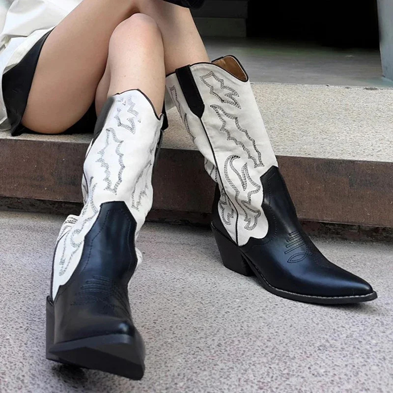 Autumn Gladiator Woman Knee High Boots Fashion Embroidery Thick High Heel Shoes Ladies Outdoor Long Booties 241031