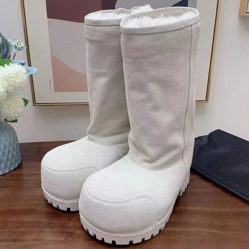 Winter Mid-Calf Plush Thick Sole Non-Slip Solid Color Women Classic Retro Genuine Leather Brown Long Boots