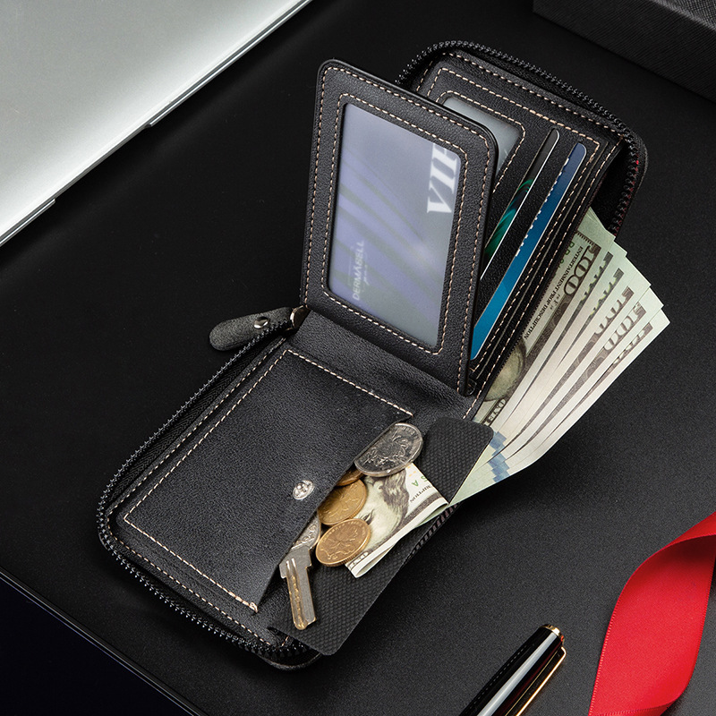New designer men's short style horizontal splicing fashionable buckle coin purse with multiple zippers and card pockets