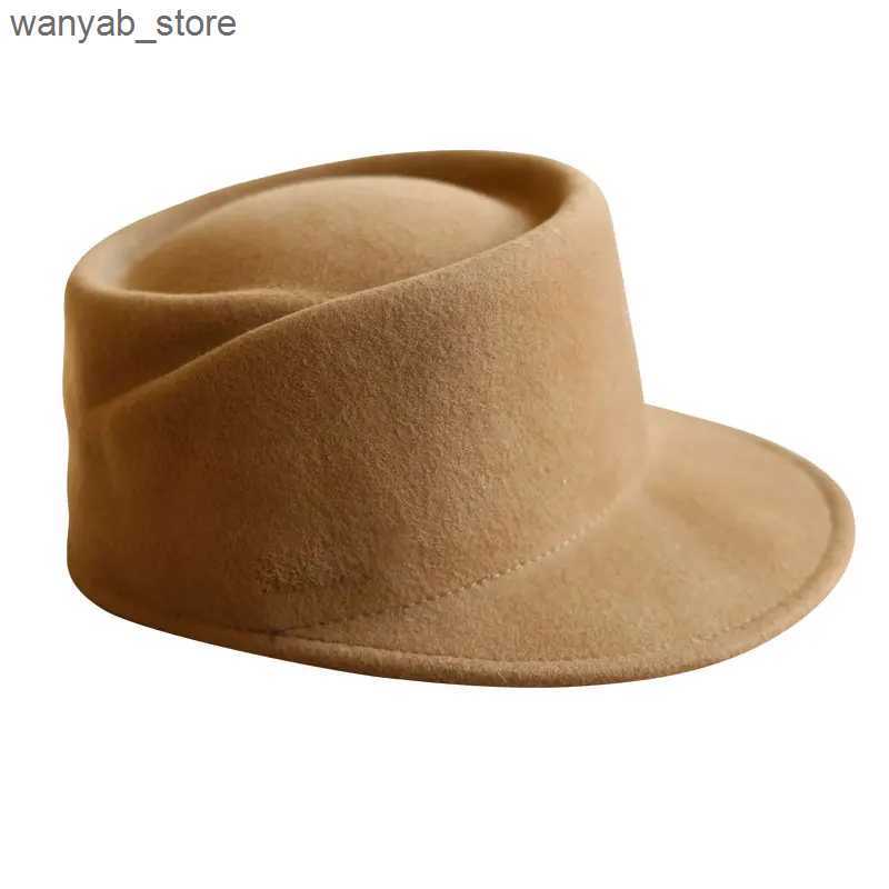 Stingy Brim Hats Winter Fedora Hat for Women Korean Flat Top Navy Wool Hat British Casual Black Gray Khaki Equestrian Hat Fashion High Quality L240910