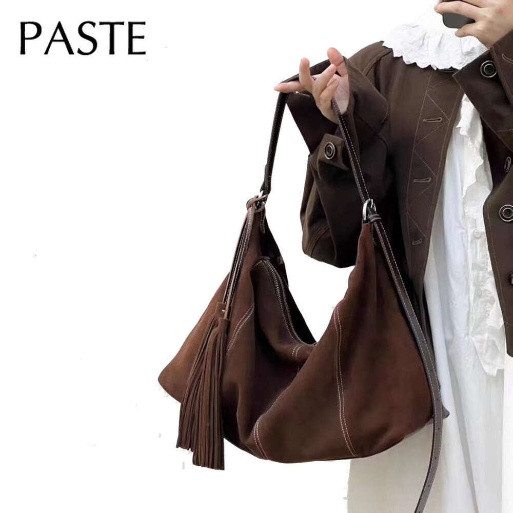 New Vintage Fringe Design Large Winter Tote Oil-Wax Patchwork Suede Leather Women Handbag High-End Underarm Shoulder Bag