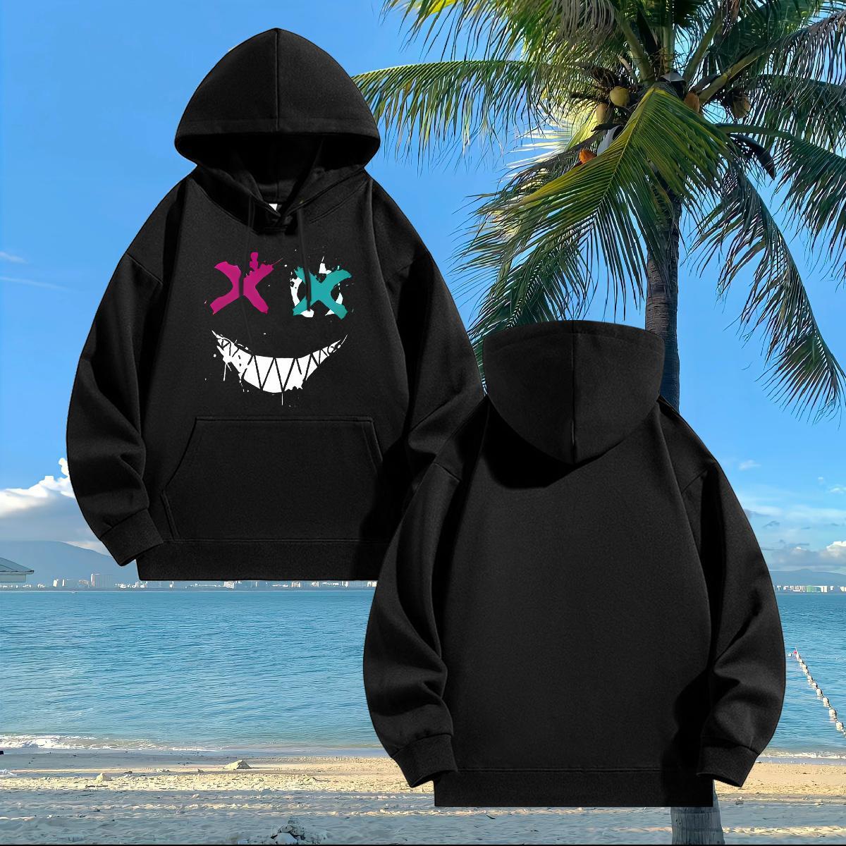 Stylist Hoodie Breathable Long Sleeve Soft Mens Hoodie Anime Printing Street Tops Hoody Black Oversized Velvet Thick