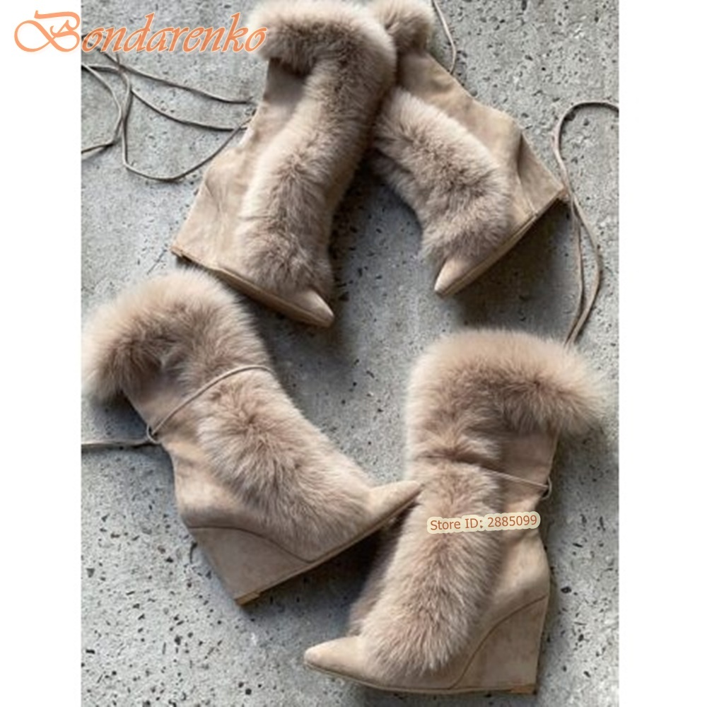 Fur Suede Wedges Pointy Toe Solid Mid Calf Lace Up Straps Boots Women Sexu Shoes Winter Party Designer New Style Fashion