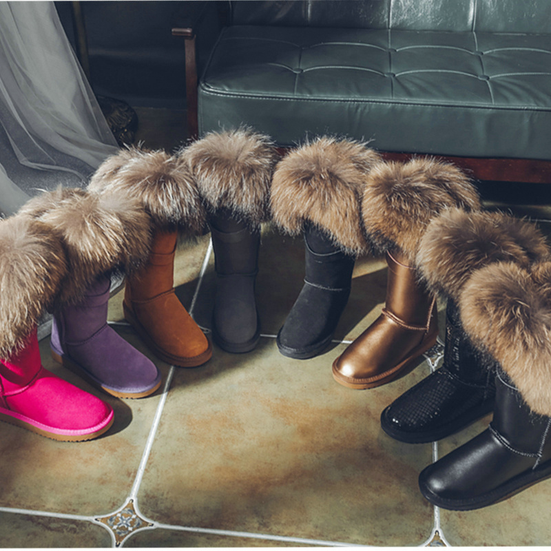 2024 Extra-Large Hair Natural Fox Fur Casual Winter Snow Boots Women Real Cow Suede Leather Warm Shoes Black Brown