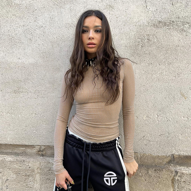 Designer style sexy perspective spicy girl long sleeved top 2024 autumn new slim fit versatile T-shirt