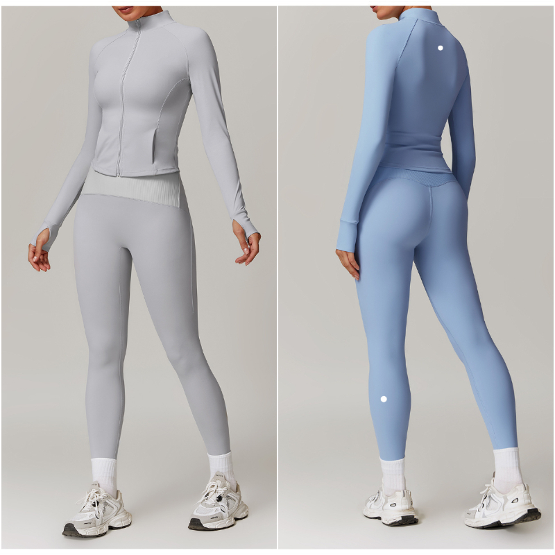 L8889 Women Yoga Outfit Two Pcs Pants Jackets Suits Exercise Close-Fitting Fitness Wear Running Elastic Workout Sportswear Elastic Trouser Tops