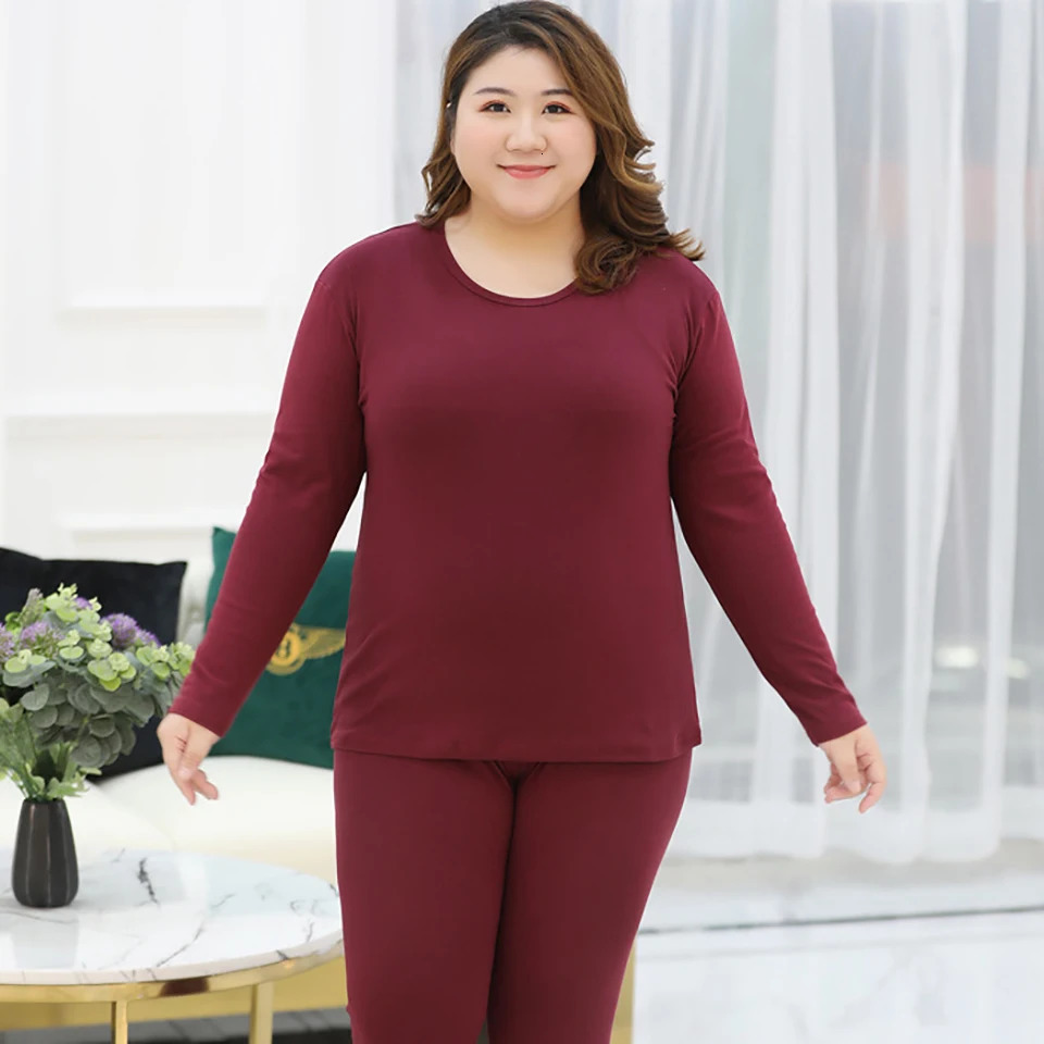 Plus Size Thermal Set Women Long Johns Set Solid Warm Thermal Underwear Thermo Long Sleeve Pants Pajamas Set Winter Home Clothes 241031