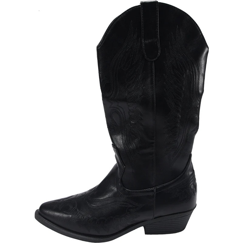 Chunky Pointed Toe Women High Boots Embroidery Mid Heels Winter Shoes 2025 Trend Mid Calf Gladiator Chelsea Botas Mujer 241031