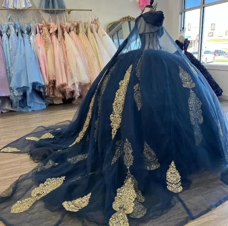 Navy Blue Quinceanera Dress With Gold Applique Cape & Ball Gown - Princess Birthday Party, Sweet 16, 2024