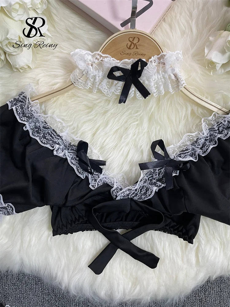 SINGREINY Women Cosplay Maid Erotic Three Pieces Sets Backless TopA-Line SkirtThongs Japan Style Bow Lace Pron Sexy Suits 241031