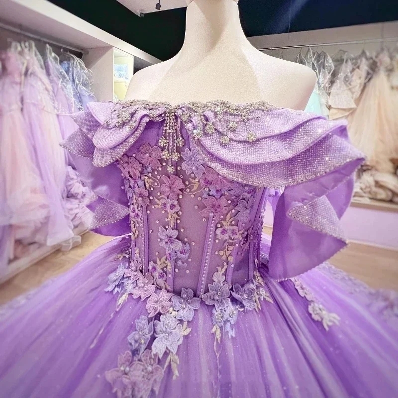 Lilac Shiny Quinceanera Dresses Ball Sweet 16 Dress Applique Lace Tull Party Vestidos 15 De XV Anos Beads Birthday Gown 1102