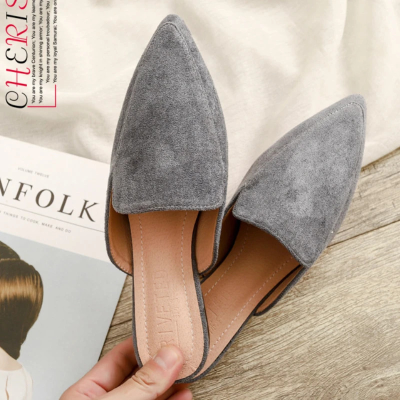 Fashion Baotou Flat Pointed Half Slippers Womens Suede Black Mules Large Sizes 42 Female Breathable Shoes 241031