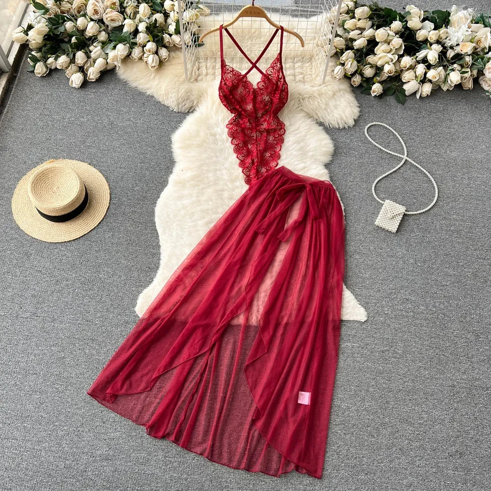 Womens Multicolour Transpar Sexy Charming Flowing Mesh Long Skirt With Girls V-neck Lace Hollowed out Flower Top Two Pieces Set 241031
