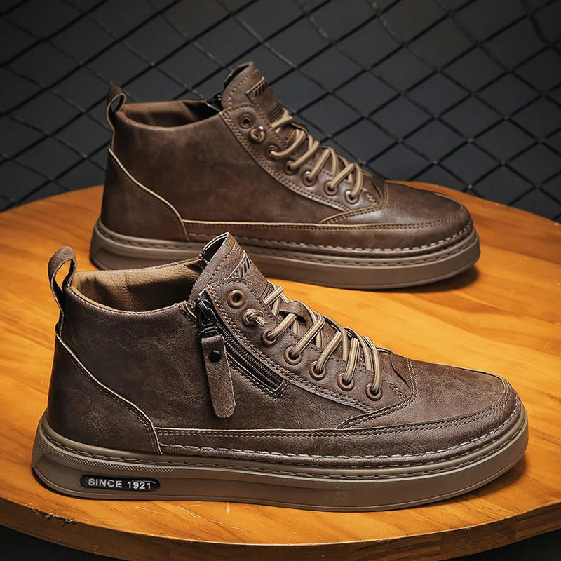 Mens boots autumn style outdoor fashion high cut thick sole height increase casual trend lace zipper anti slip high heels 241031