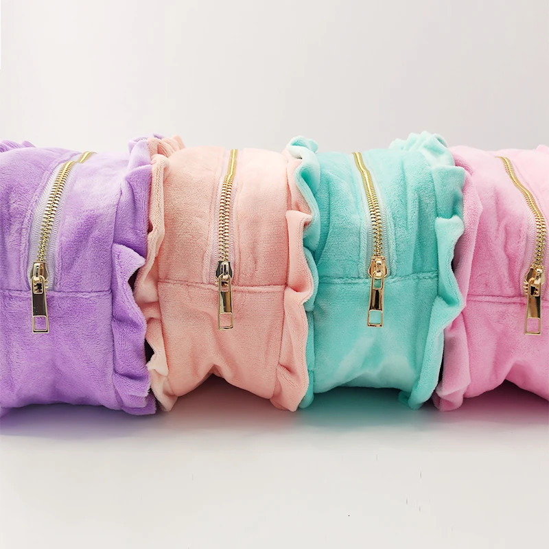 Ruffle plaid makeup bag pink/purple striped storage bag womens makeup bag with zipper crystal velvet travel makeup bag 241031