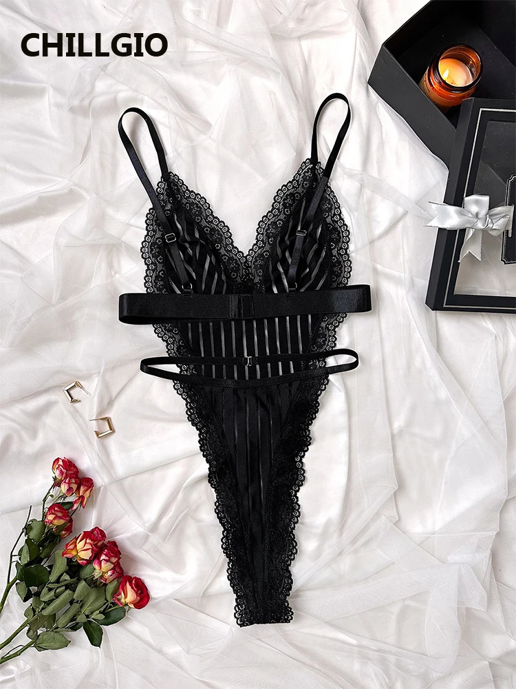 CHILLGIO Women One Pieces Stripes Catsuit Sexy Intimate Lingerie Onesie Chic Tight Strappy Romper Slim Transparent Mesh Bodysuit 241031