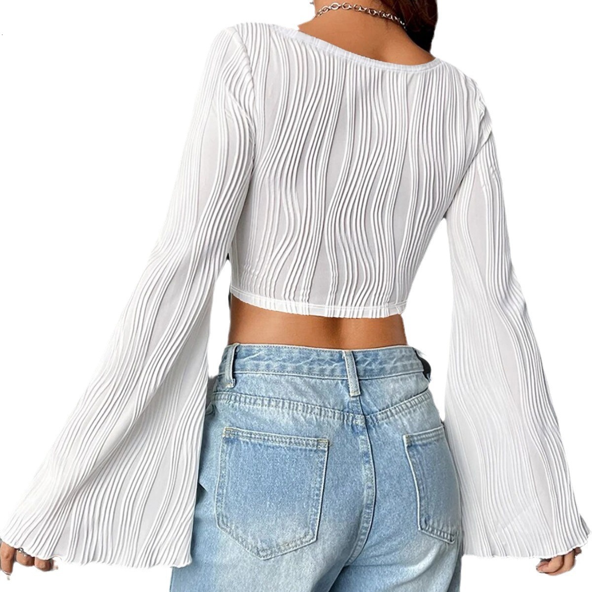 Designer's new women's clothing solid color U-neck exposed navel slimming fashion trumpet long sleeved top sexy short T-shirt for women