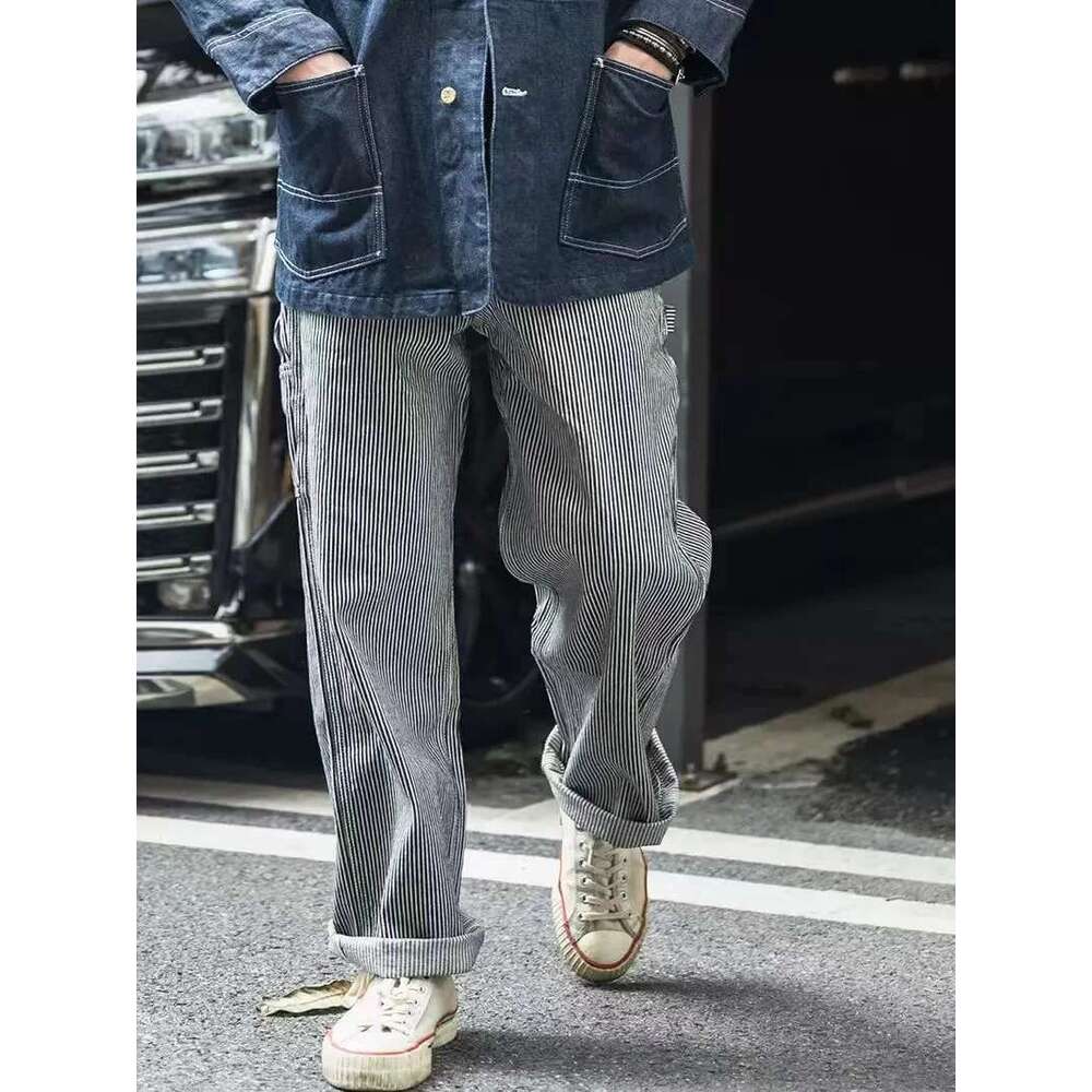 Non Stock Neppy Denim & Hickory Stripe Carpenter Pants Straight Leg Workwear Painter Trousers