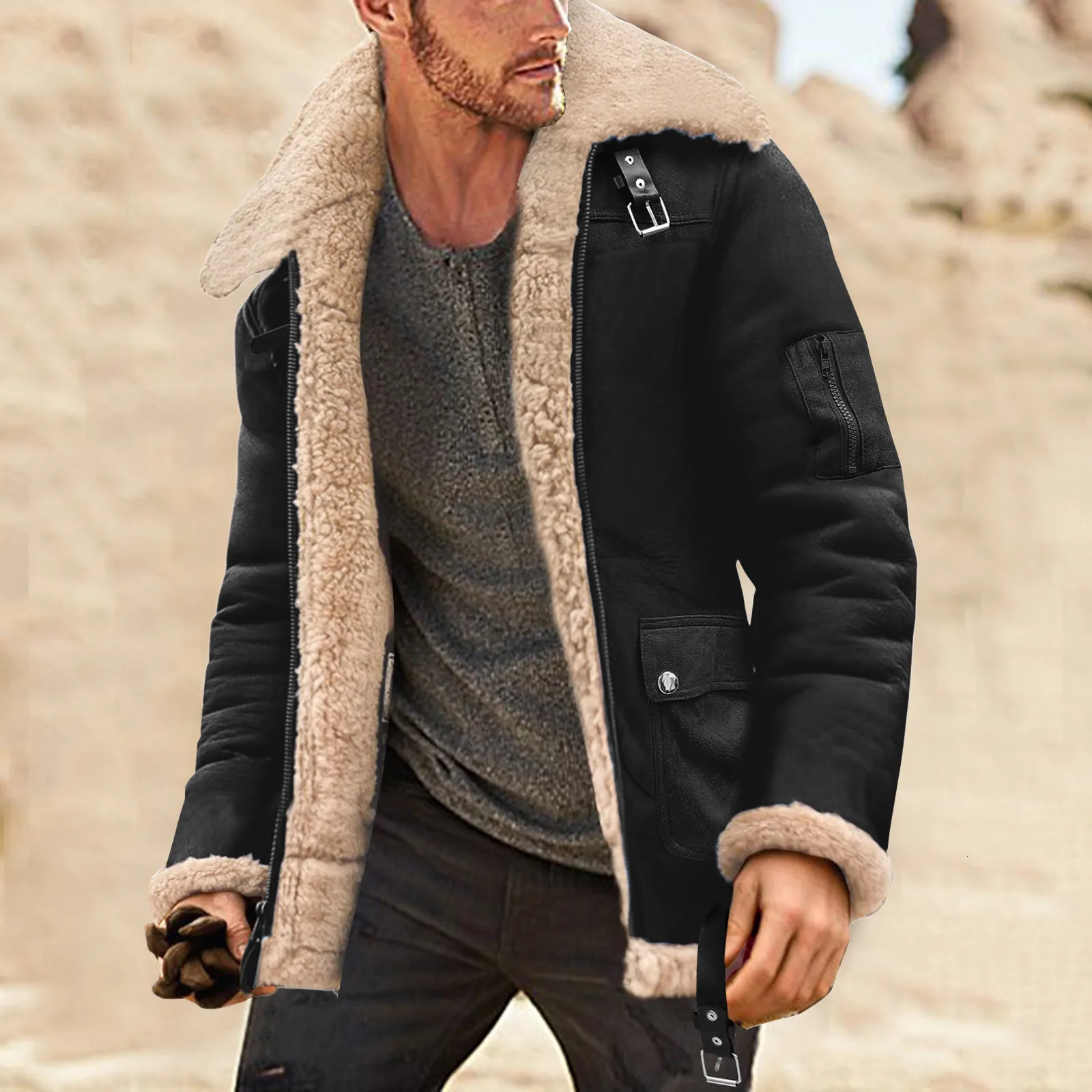 Mens Fashion Simple Winter Coat Lapel Collar Long Sleeve Padded Leather Jacket Vintage Thicken Coat Sheepskin Jacket 241031