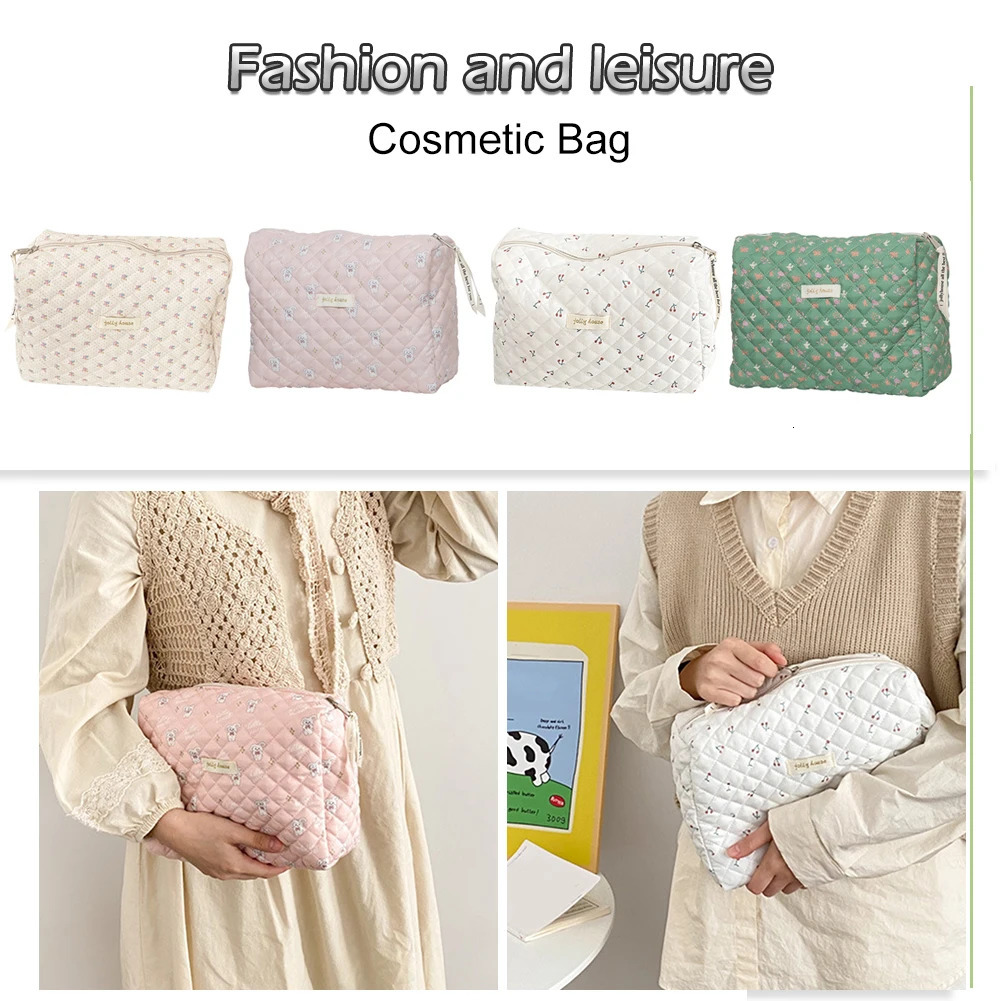Womens Makeup Handbag Zipper Korean Quilted Travel Organizer Portable Makeup Bag Flower Printing Large Capacity Travel 241031