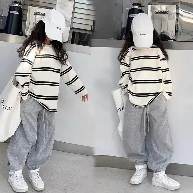 Korea Style Simple Kids Clothes Girl 2Pcs Set Clothing Long Sleeve StripedLoose Pant Outfits for Teen 6 8 10 12 14Y 241030