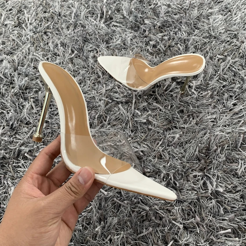 2024 Summer Women Pumps Transparent PVC Slippers Women Pointed Toe Metal Stiletto High Heels Sandals Ladies Mules Shoes 241031