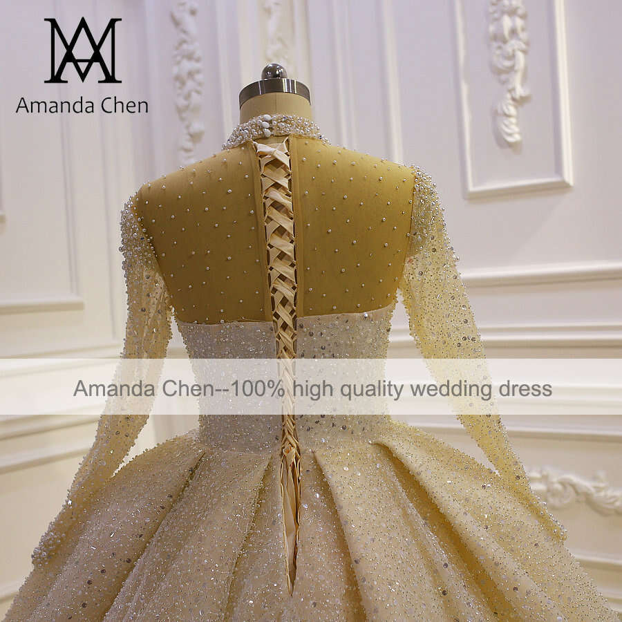 mariage High Neck Long Sleeve Handwork Crystal Pearls Wedding Dress