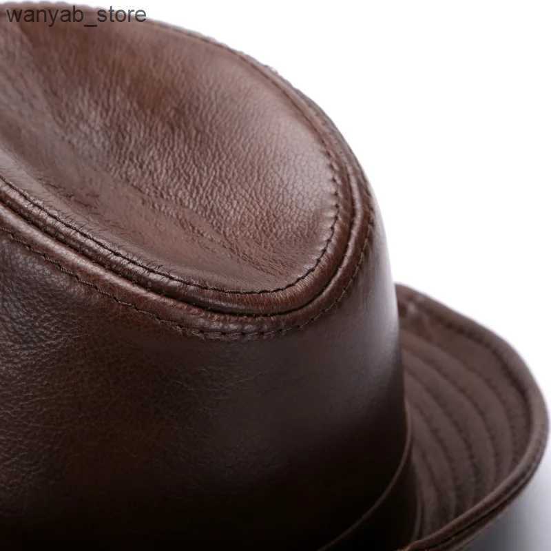 Stingy Brim Hats 2024 Autumn Men Real Genuine Cowhide Leather Top Hats Men Fashion Caps Winter Warm New Cowboy % Real Cowhide Leather Hats L240910 L09