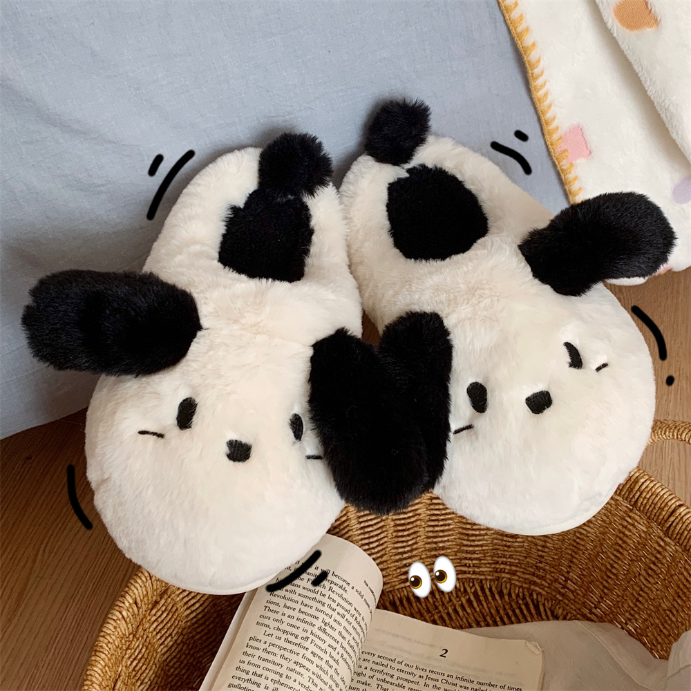 Cartoon puppy Family Slipper Woman Girl Cute fluffy winter warm plush indoor flats Bedroom slide casual women's cotton slipper