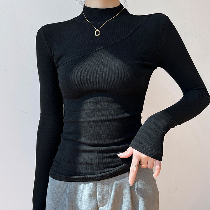 Designer selects elasticity cotton semi high neck base shirt women's T-shirt 2024 autumn winter new item, with tight fitting long sleeved and plu