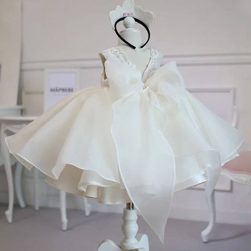 Baby Girl Christmas Baptism White Pink Dress Kids Beading 1st Birthday Elegant Princess Party Christening Toddler Vestidos 241030