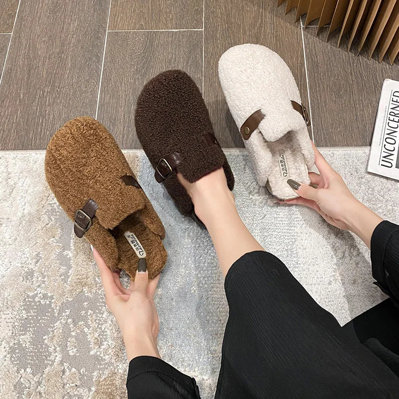 High quality sheepskin slider womens round toe buckle belt buckle pantuflas womens cork winter slider womens fur slider 241031