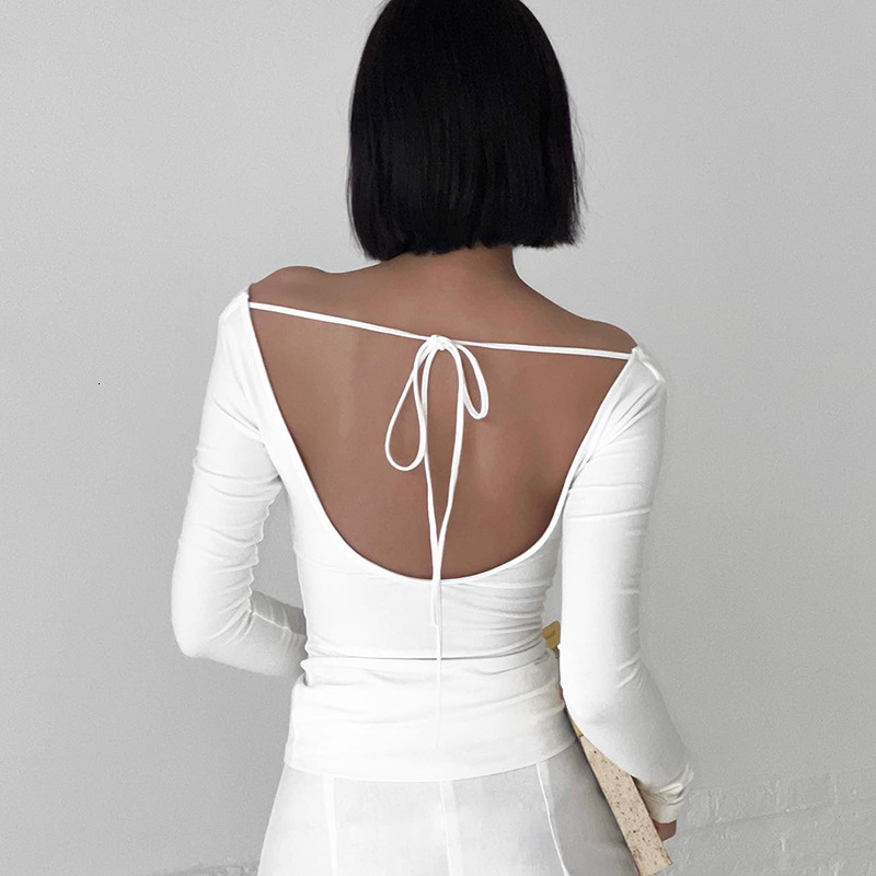 Designer style women's autumn and winter new item solid color swing collar long sleeved backless lace up sexy top T-shirt for women