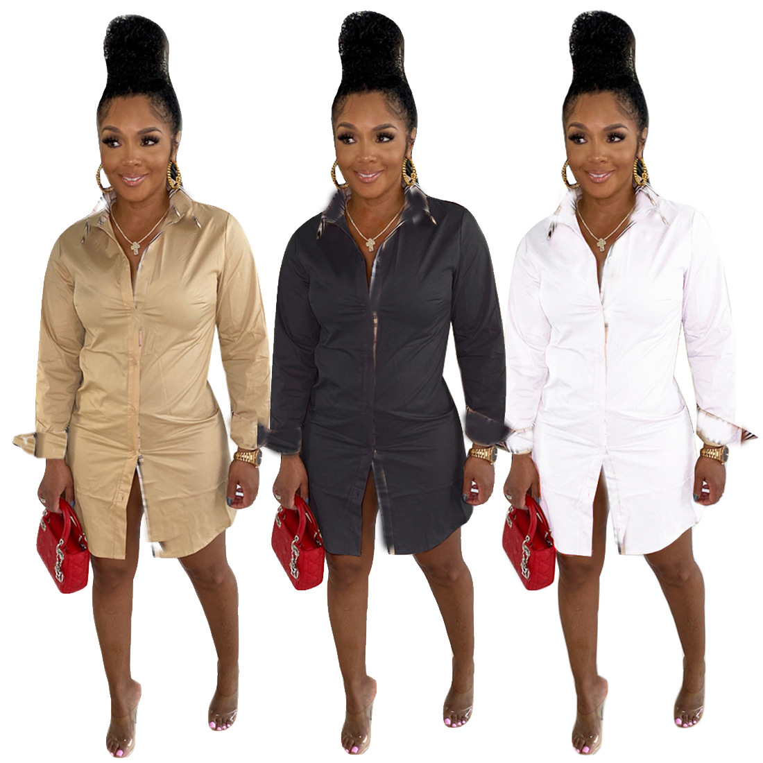 Casual Dresses Ladies' -selling Long-sleeved O-neck Fashion Sexy Temperament Tight Stitching Work Office Shirts Dress Wholesale
