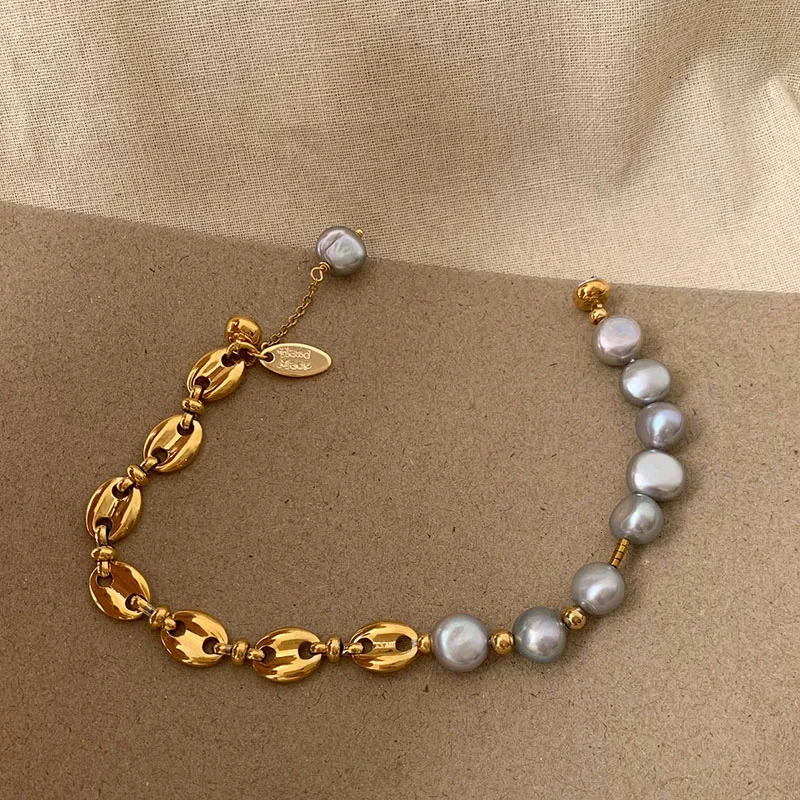 Grey pearl coffee bean chain bracelet womens magnetic buckle bracelet the smallest elegant summer jewelry 241031