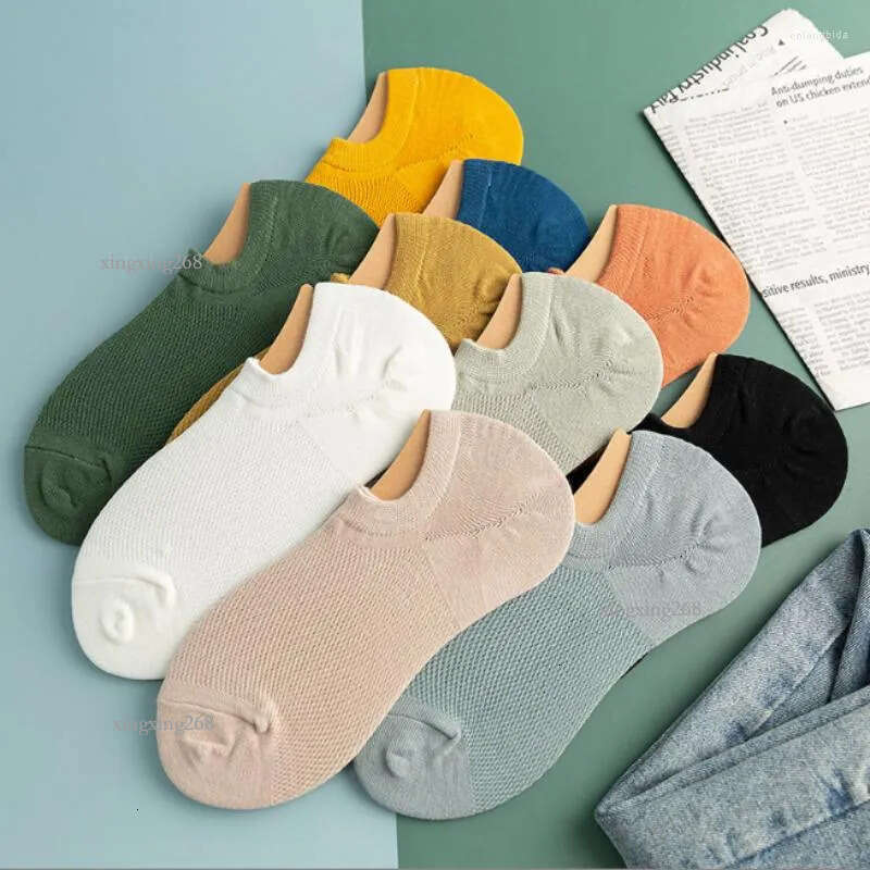 Men's Socks 5 Pair Set Cotton Mesh For Men No Show Invisible Low Cut Summer Silicone Thin Sock Non-Slip Breathable Ankle Comfortable