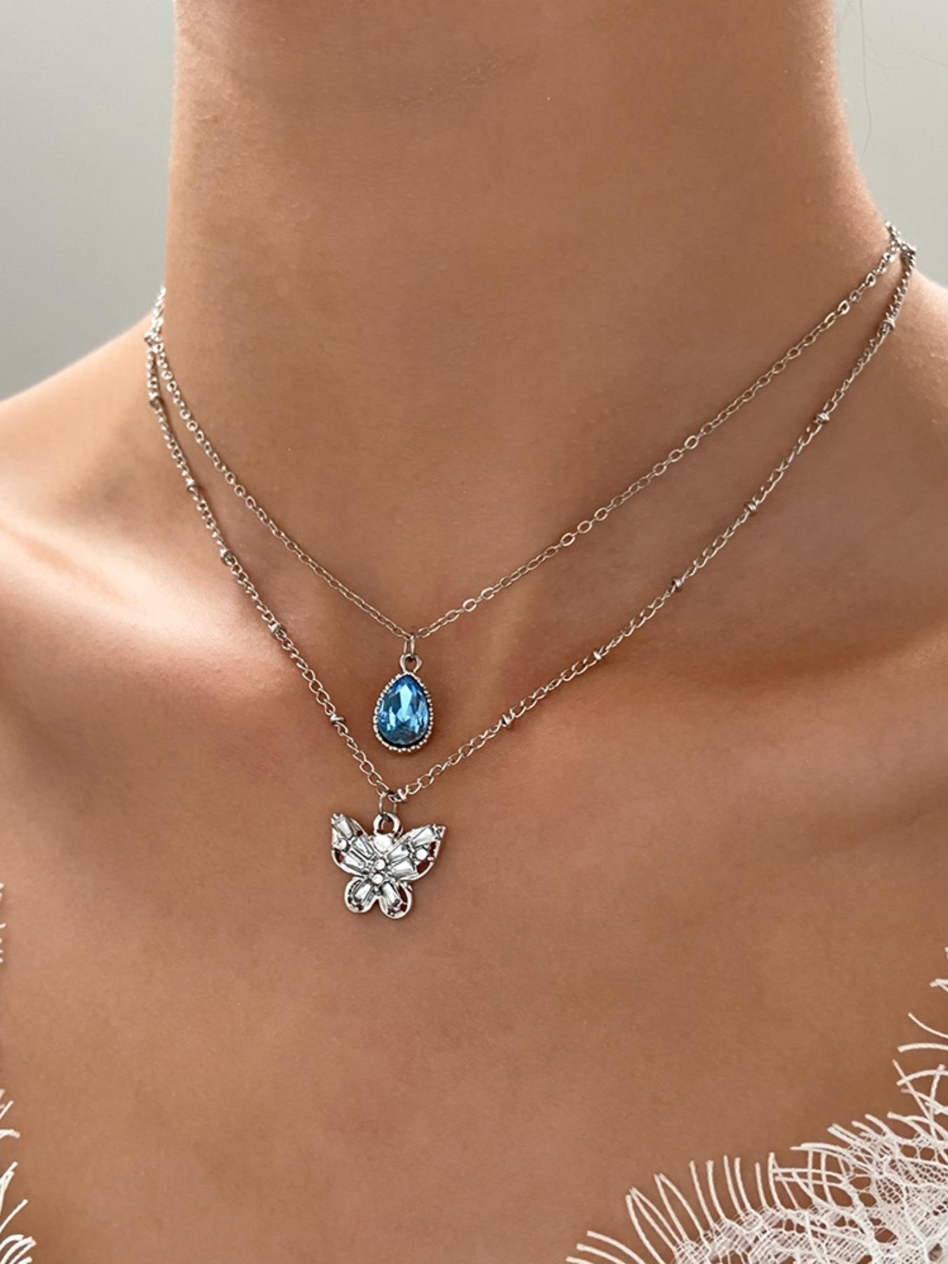 Elegant Multi-Layered Blue Zircon Droplet Butterfly Pendant Necklace for Shoulder Length Wear