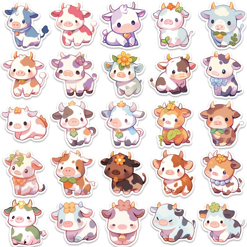 New 10 30 50Pcs Cute Rainbow Cow PVC Sticky Sticker Aesthetic DIY Korean Stationery Decoration Scrapbooking School Supplies For Kids