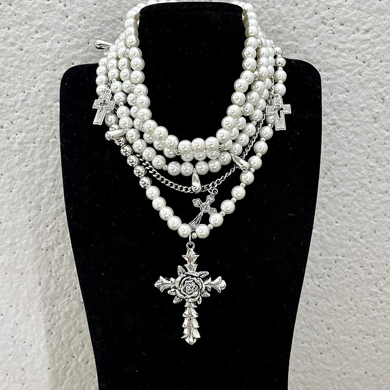 Gothic Fashion Rose Cross Pearl Bead Pendant Necklace Suitable for Women Cool Charm Aesthetic Accessories Retro Jewelry 241030