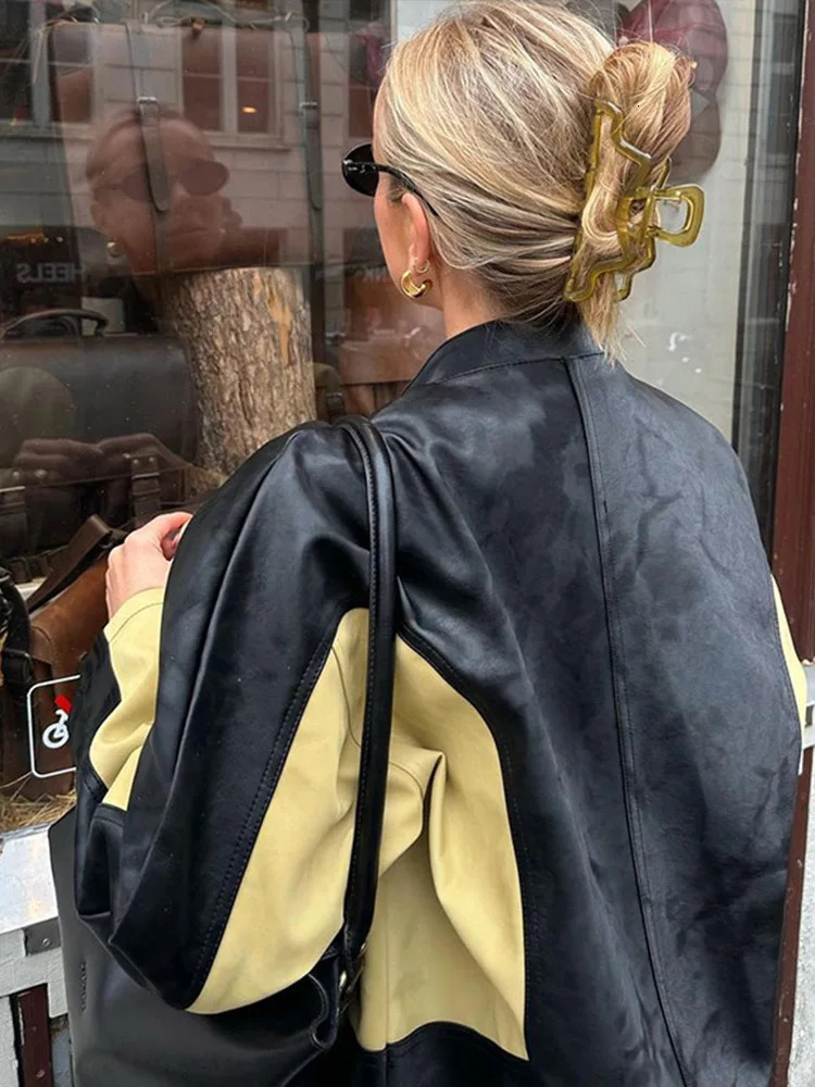 Vintage PU Leather Motorcycle Jacket Loose Short Coat Women Color Patchwork Biker Jackets Street Trend Blouse Bomber Jacket 241031