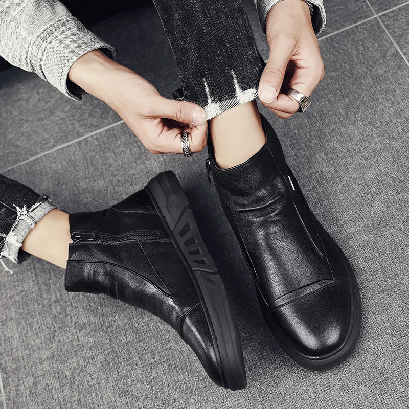 Winter high-quality mens leather boots with zipper fashionable plush warmth mens ankle boots soft soled mens casual boots platform work boots 241031