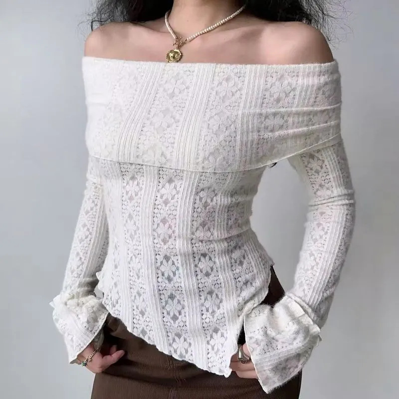Designer style irregular jacquard hollowed out one shoulder brushed lace long sleeved T-shirt for women slim fit spicy girl top