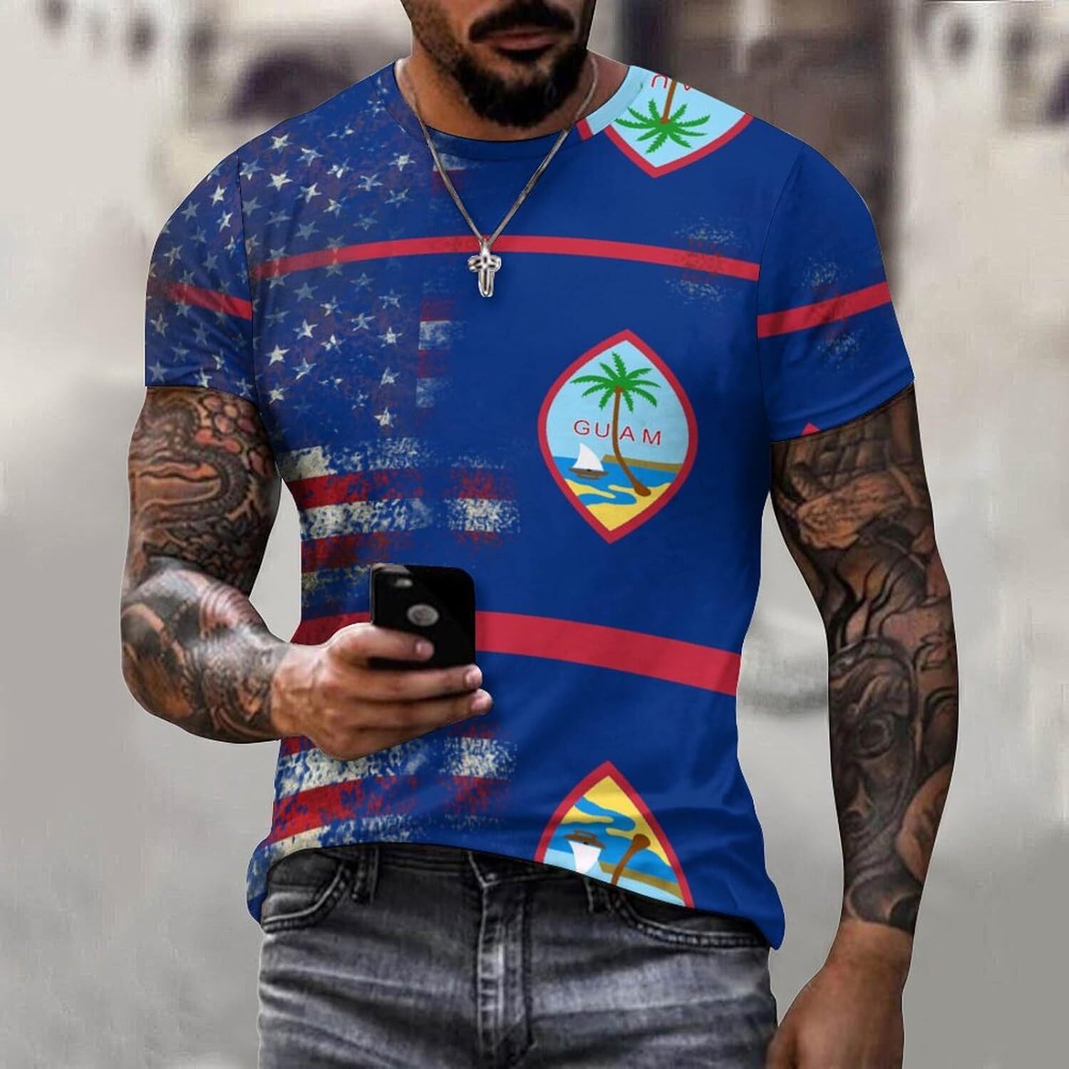 Mens T shirt Retro American Guam Flag Cotton T-Shirt 3D Printed Casual Shirt Men's Crew Neck T-Shirt tee Casual tops summer clothes