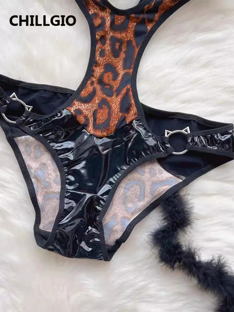 CHILLGIO Women Sexy Leopard Print PU Bodysuits Vintage sweet Rompers Fashion Bodycon One Piece Combination Onesie Lingerie 241031