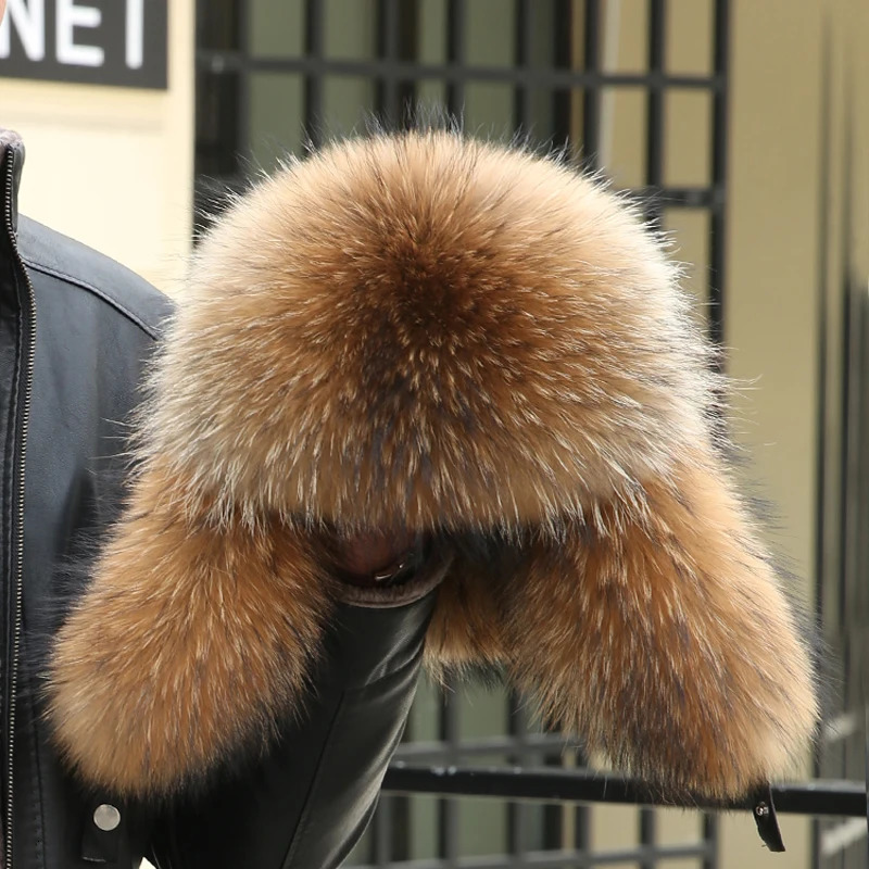 Winter Mens 100% Real Silver Fox Fur Bomber Hat Raccoon Fur Wusanka Hat Catcher Russian Mens Ski Hat Real Leather 241030