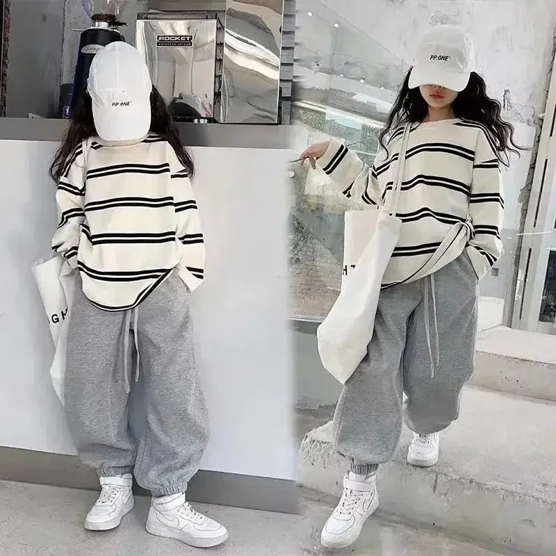 Korea Style Simple Kids Clothes Girl 2Pcs Set Clothing Long Sleeve StripedLoose Pant Outfits for Teen 6 8 10 12 14Y 241030