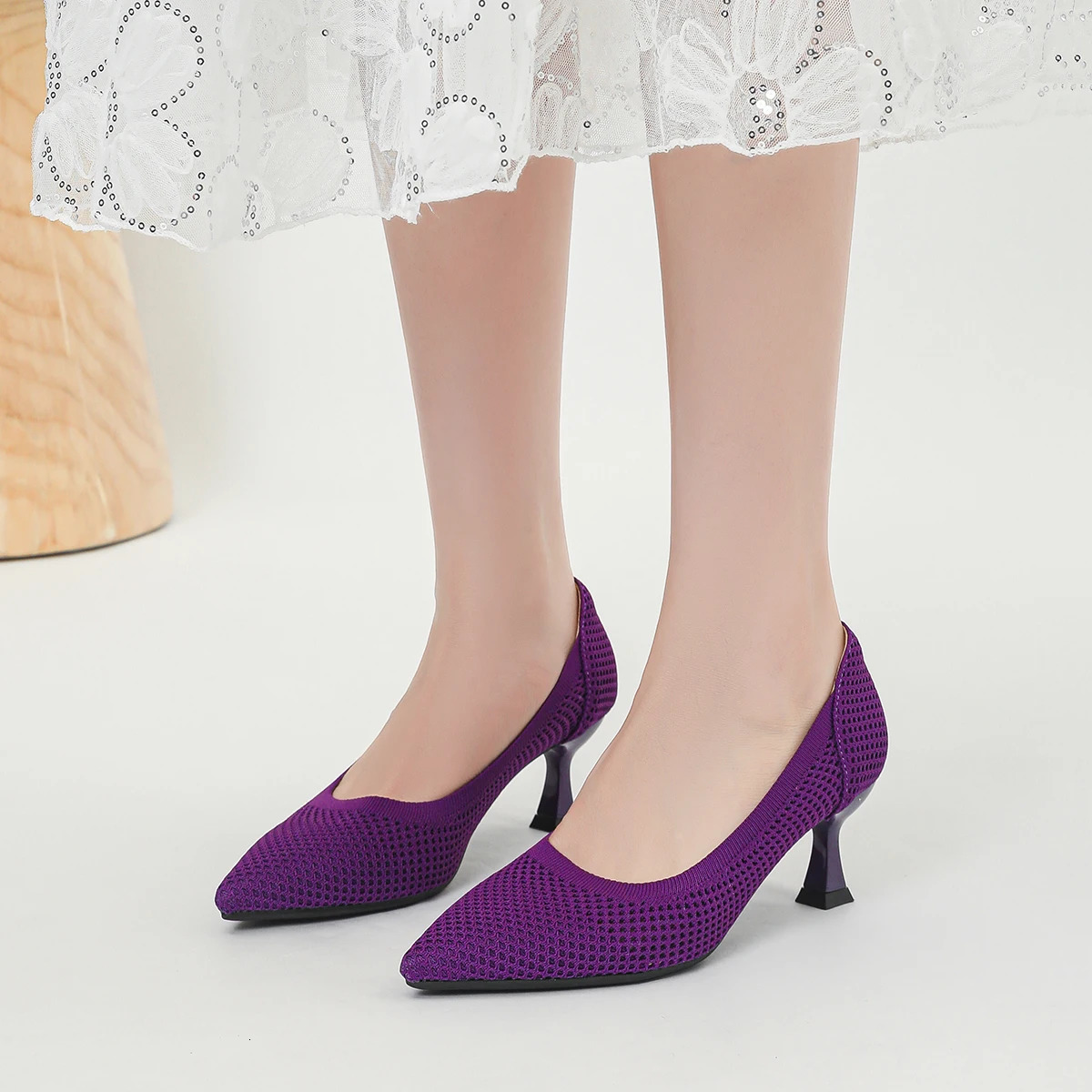 2024 Summer Womens High Heels with Hollow Mesh Knitted Breathable Shoes 6cm High 241031