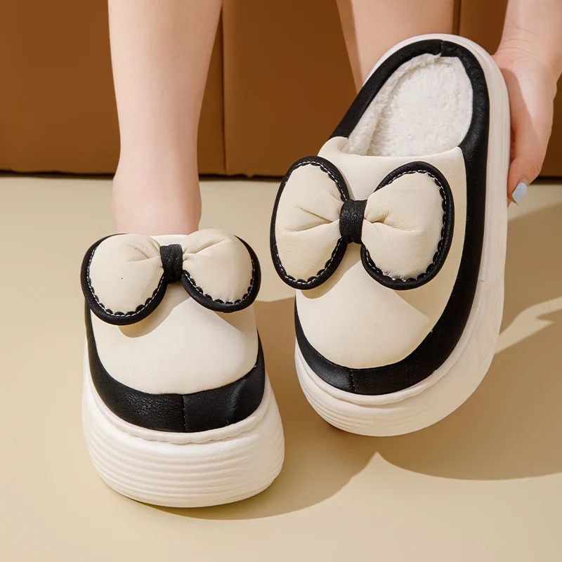 Fluffy Womens Home Sliding Platform Cotton Fur Apartment Winter Mule Shoes Butterfly Knot Decoration Home Comfortable Leisure 241031