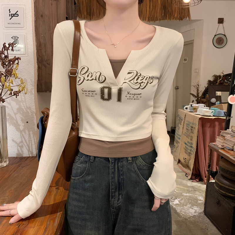 Designer American Printed Fake Two piece Long Sleeve T-shirt for Women 2024 Autumn New Women's Wear Slim Fit Bottom Inner Top