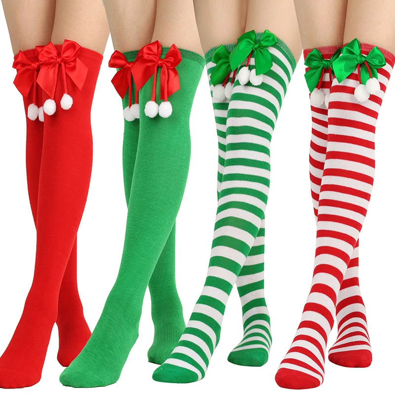 Christmas Striped Long Stockings Bow Christmas Socks Ball Long Socks Fashion Women Soks Sexy Slim Long Soks Striped Hosiery 241031